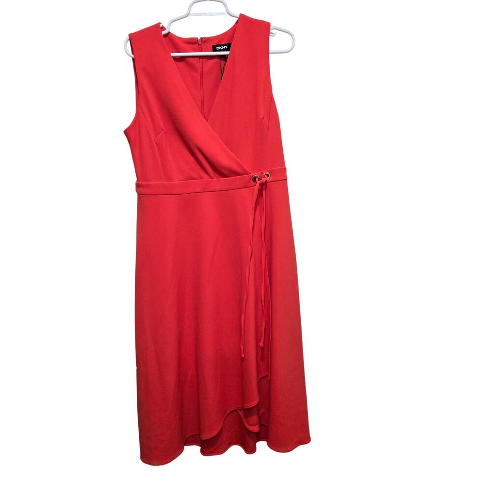 DKNY Coral Faux Wrap Tie Waist Midi Dress Size 12